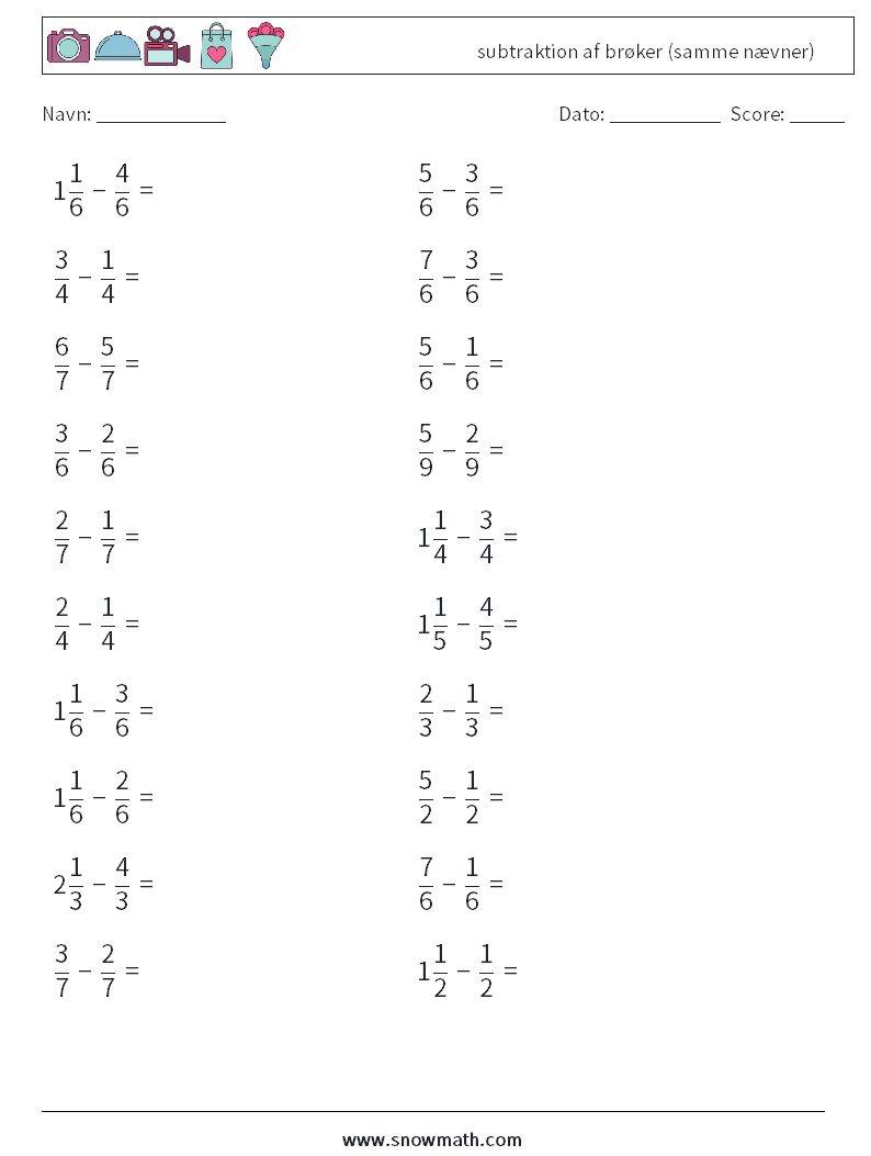(20) subtraktion af brøker (samme nævner) Matematiske regneark 15