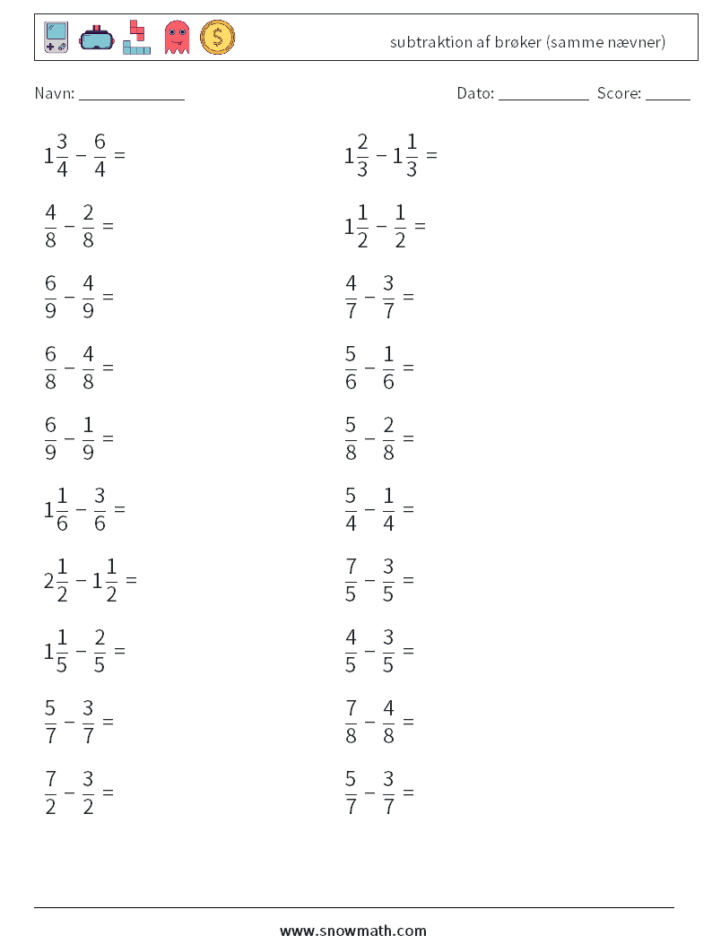 (20) subtraktion af brøker (samme nævner) Matematiske regneark 16