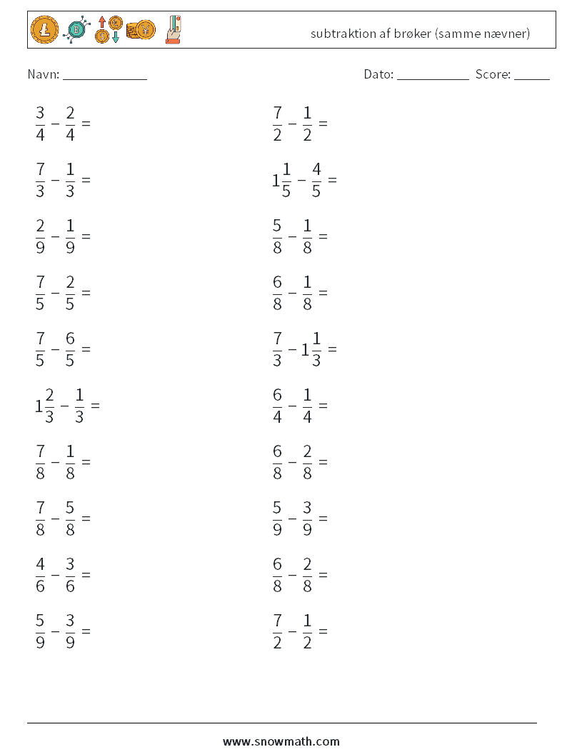 (20) subtraktion af brøker (samme nævner) Matematiske regneark 17