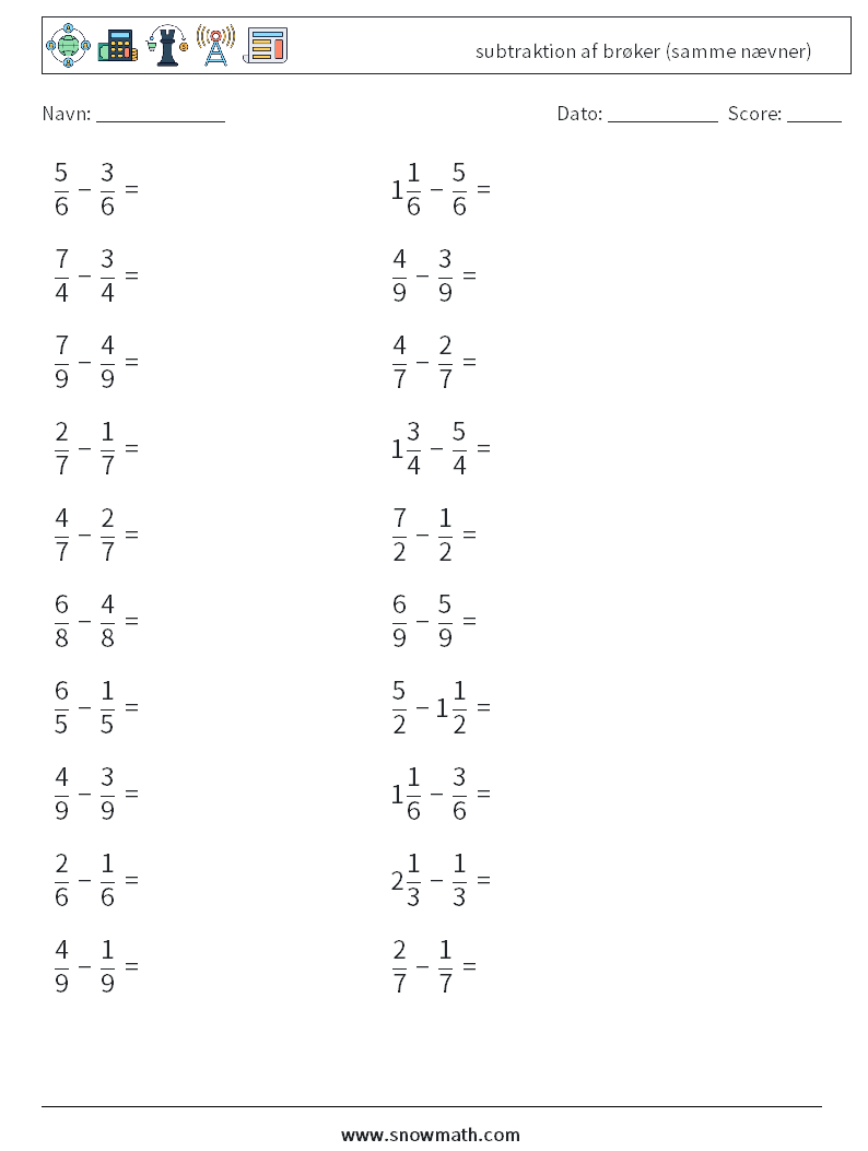 (20) subtraktion af brøker (samme nævner) Matematiske regneark 18