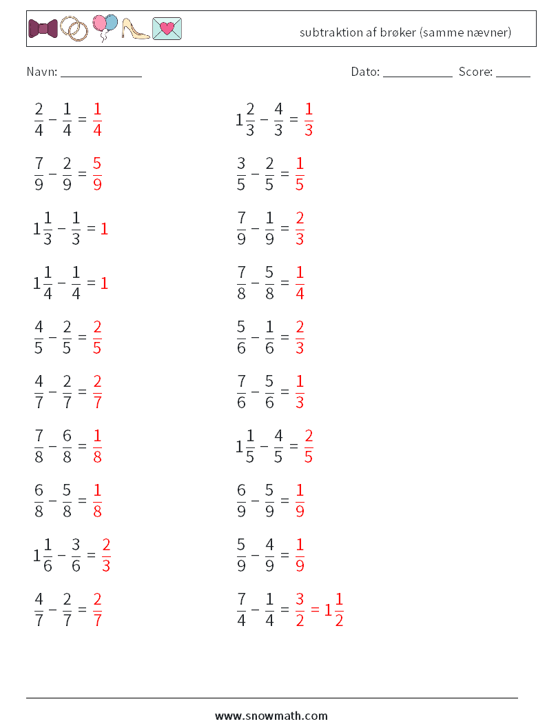 (20) subtraktion af brøker (samme nævner) Matematiske regneark 1 Spørgsmål, svar