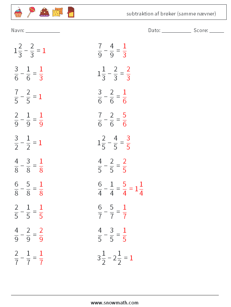 (20) subtraktion af brøker (samme nævner) Matematiske regneark 2 Spørgsmål, svar