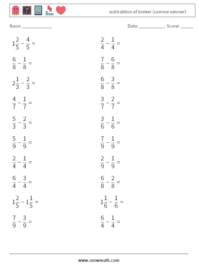 (20) subtraktion af brøker (samme nævner) Matematiske regneark 3