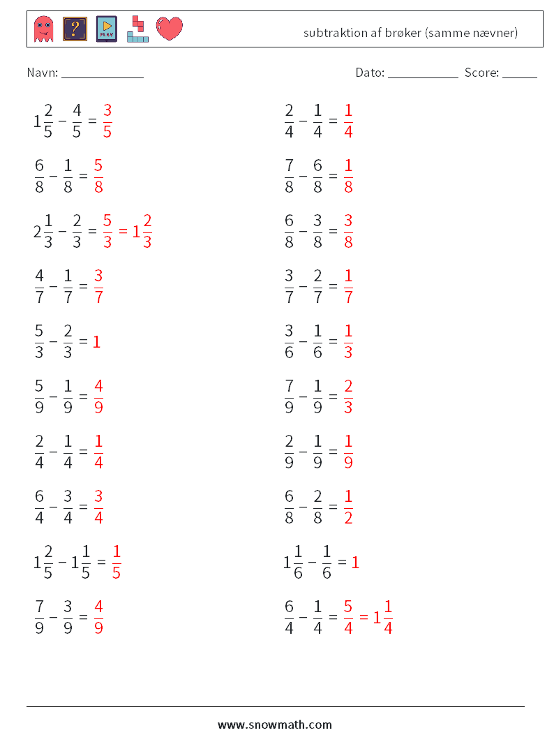 (20) subtraktion af brøker (samme nævner) Matematiske regneark 3 Spørgsmål, svar