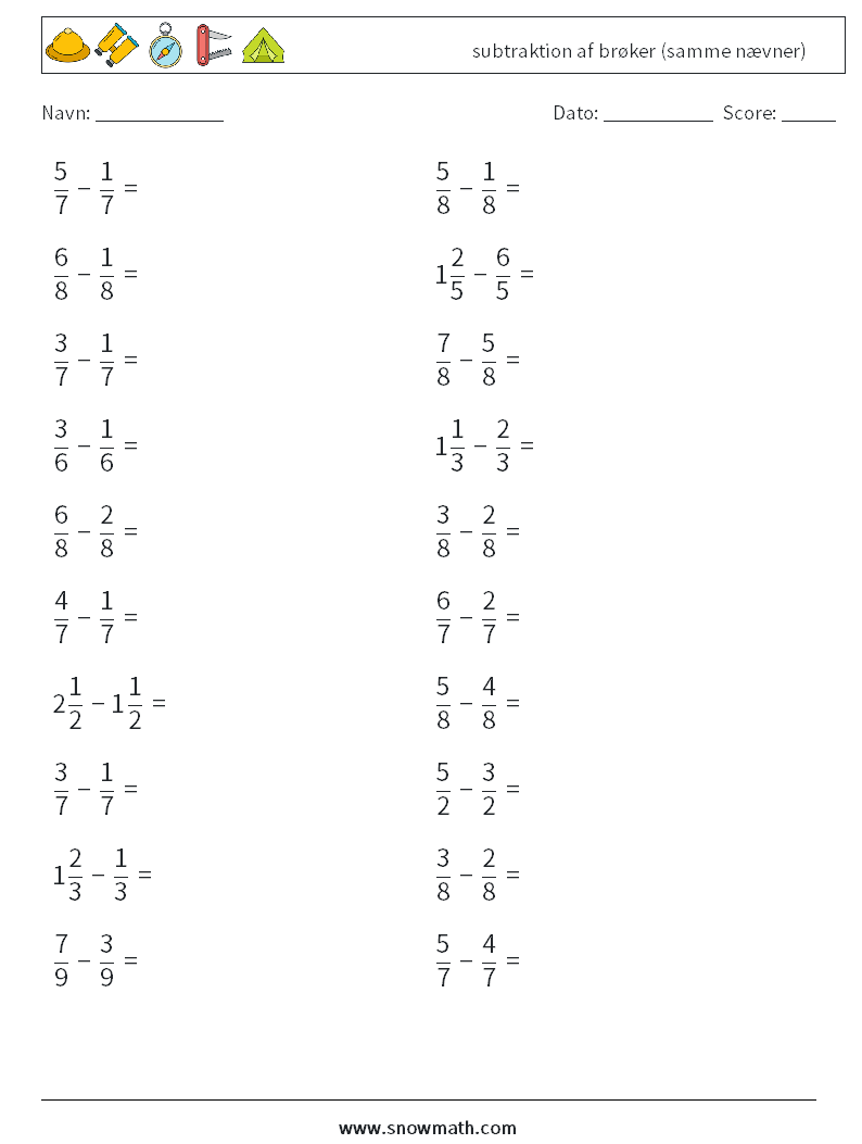 (20) subtraktion af brøker (samme nævner) Matematiske regneark 4