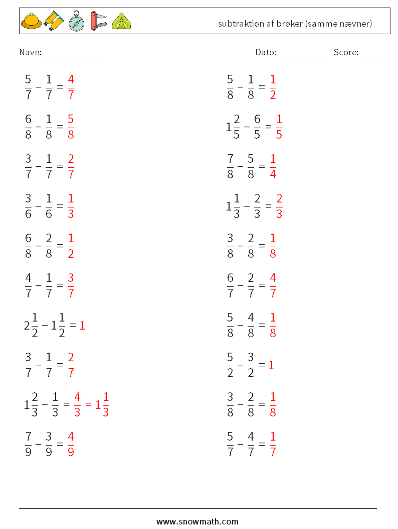 (20) subtraktion af brøker (samme nævner) Matematiske regneark 4 Spørgsmål, svar