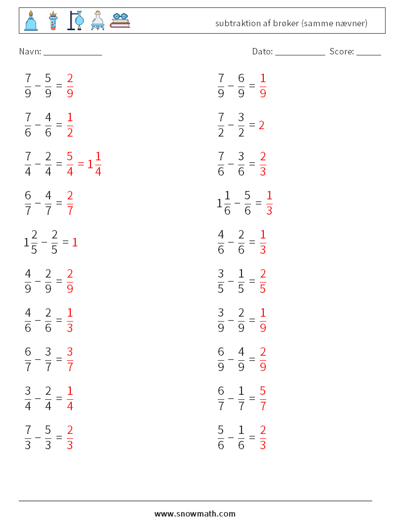 (20) subtraktion af brøker (samme nævner) Matematiske regneark 5 Spørgsmål, svar