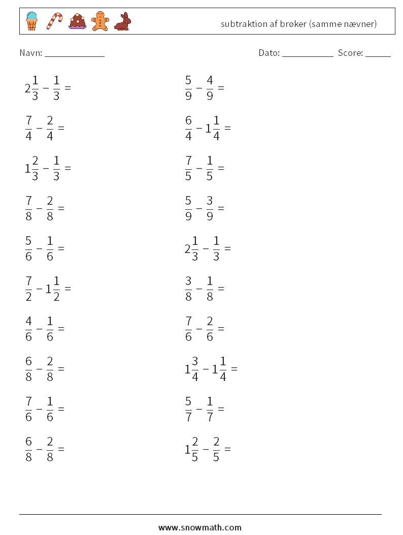 (20) subtraktion af brøker (samme nævner) Matematiske regneark 6