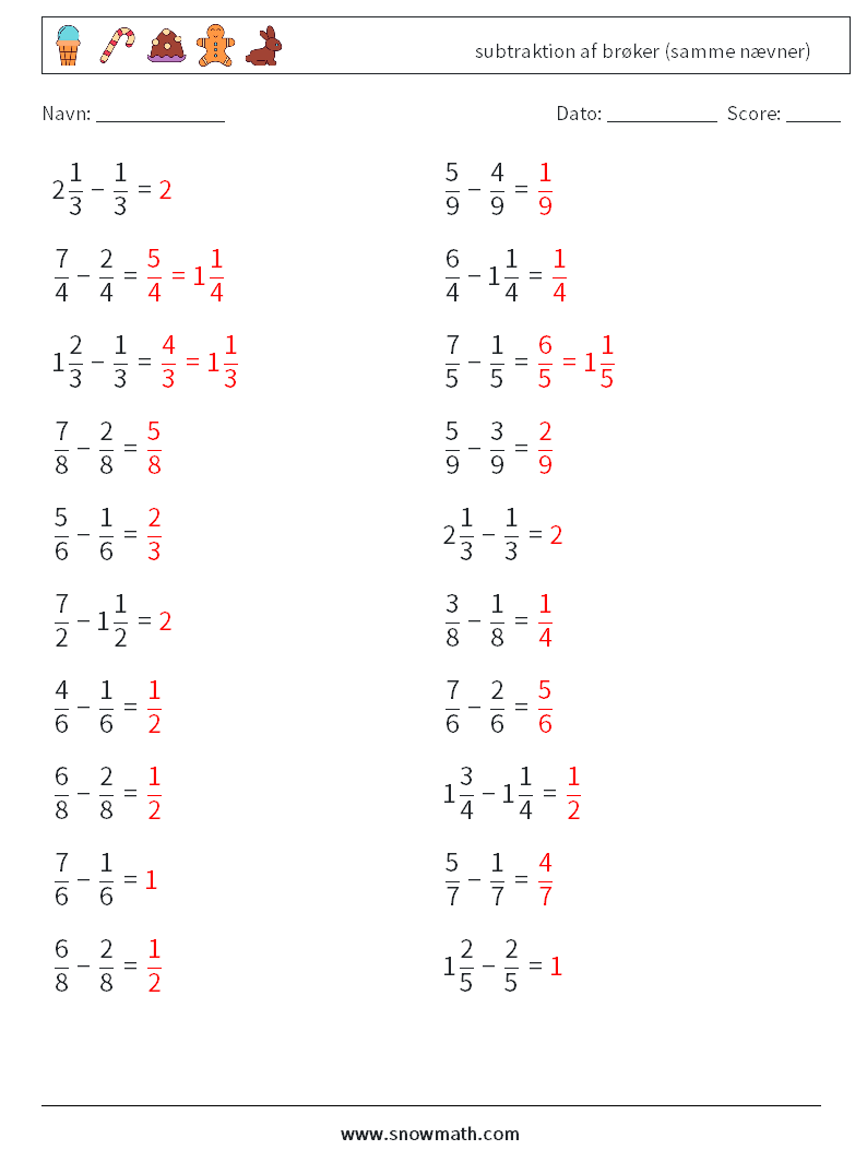 (20) subtraktion af brøker (samme nævner) Matematiske regneark 6 Spørgsmål, svar