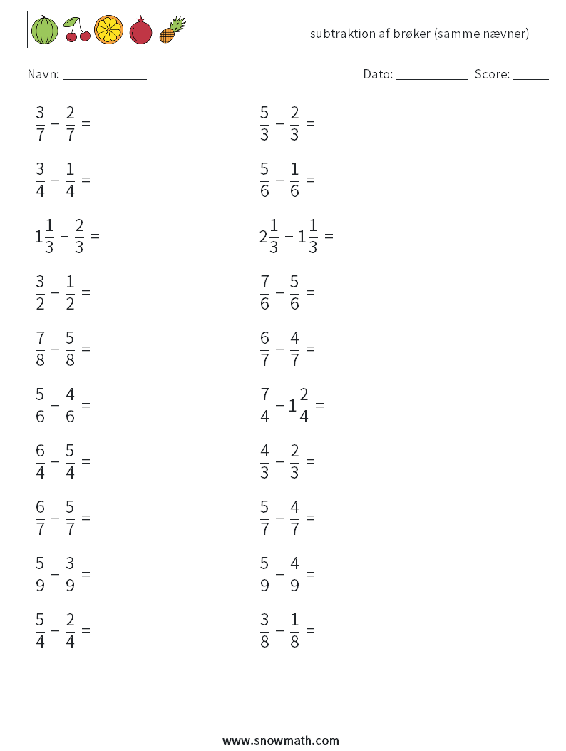 (20) subtraktion af brøker (samme nævner) Matematiske regneark 7