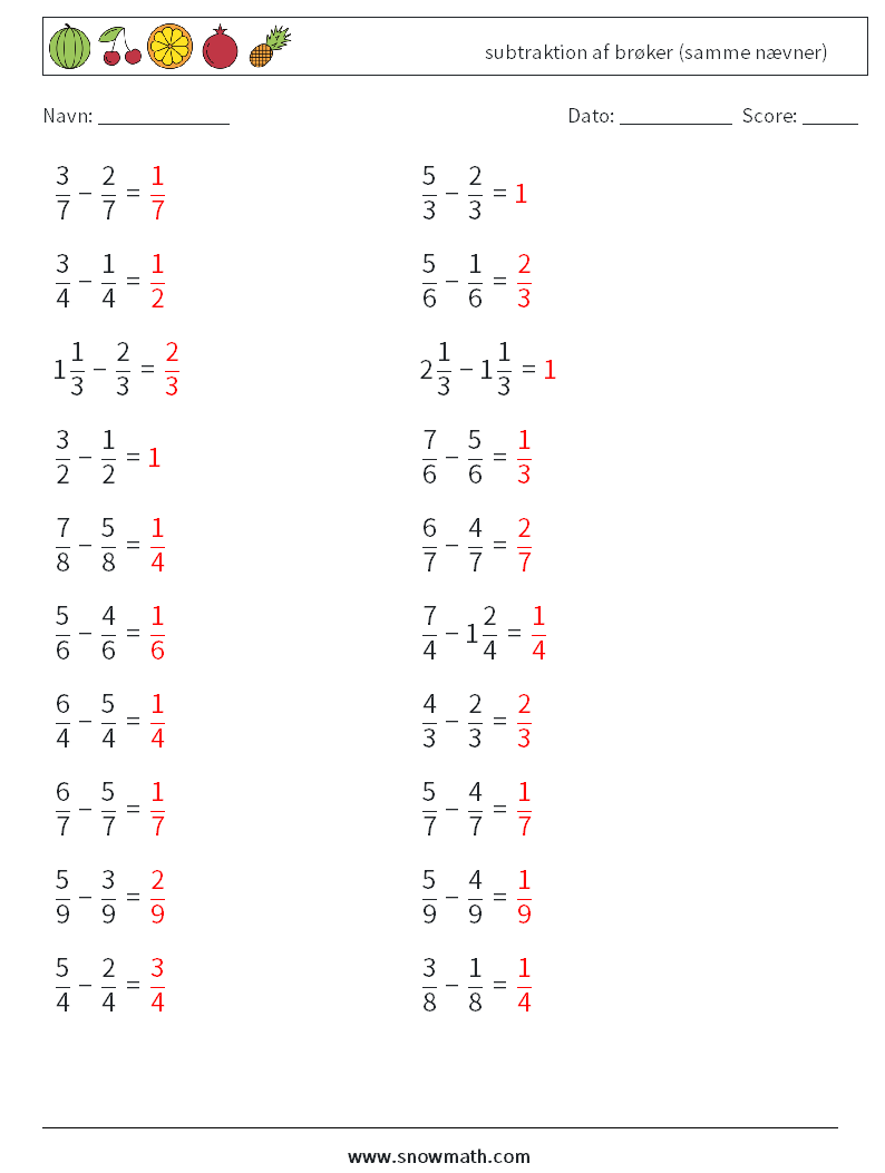 (20) subtraktion af brøker (samme nævner) Matematiske regneark 7 Spørgsmål, svar