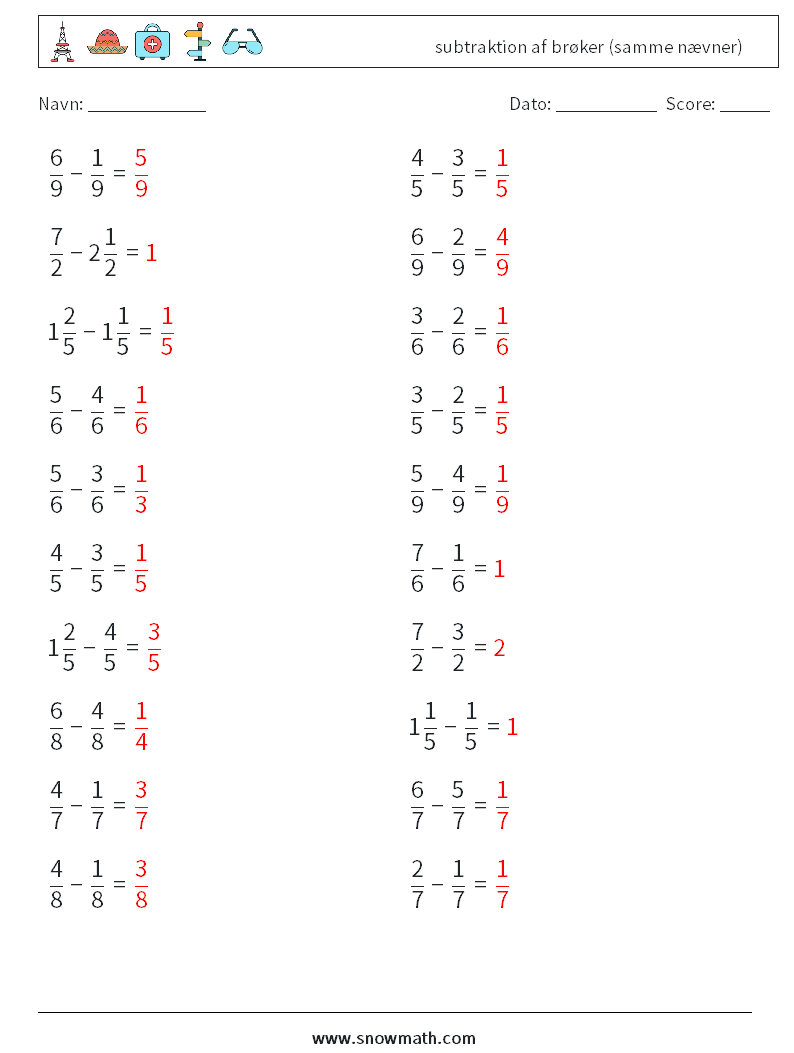 (20) subtraktion af brøker (samme nævner) Matematiske regneark 8 Spørgsmål, svar