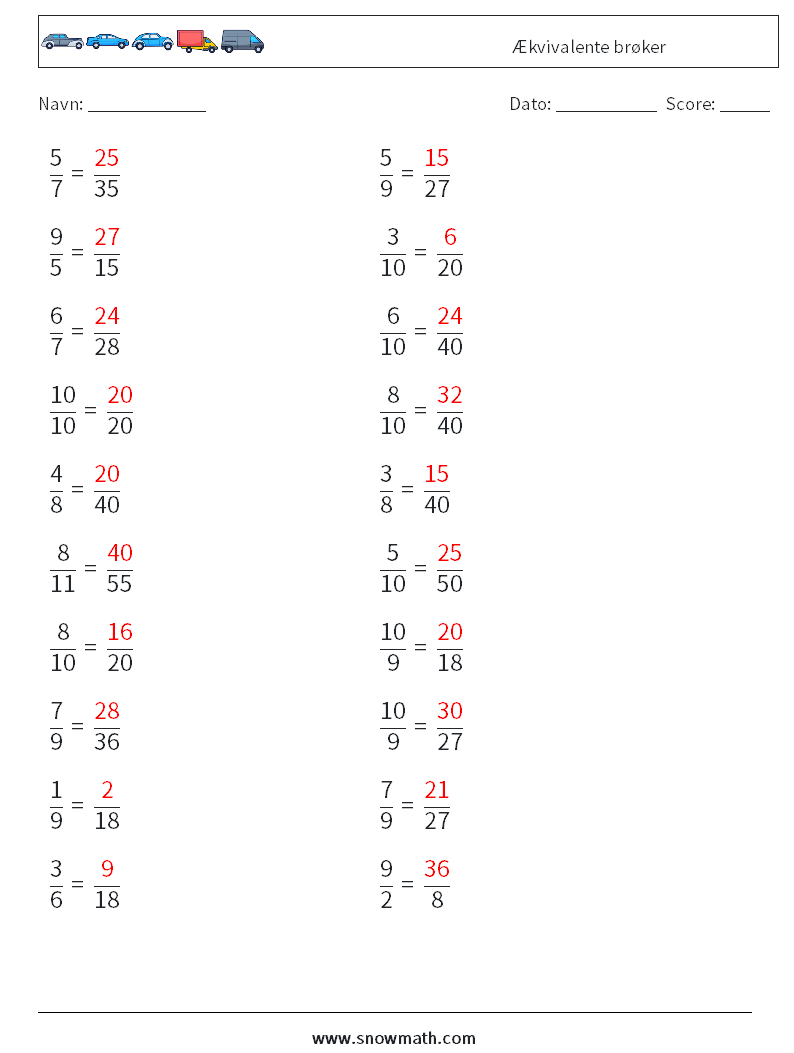 (20) Ækvivalente brøker Matematiske regneark 1 Spørgsmål, svar