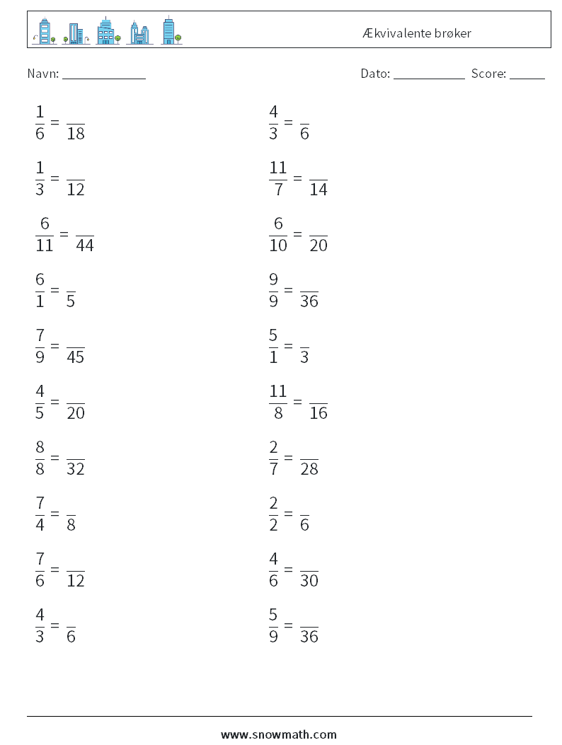 (20) Ækvivalente brøker Matematiske regneark 2