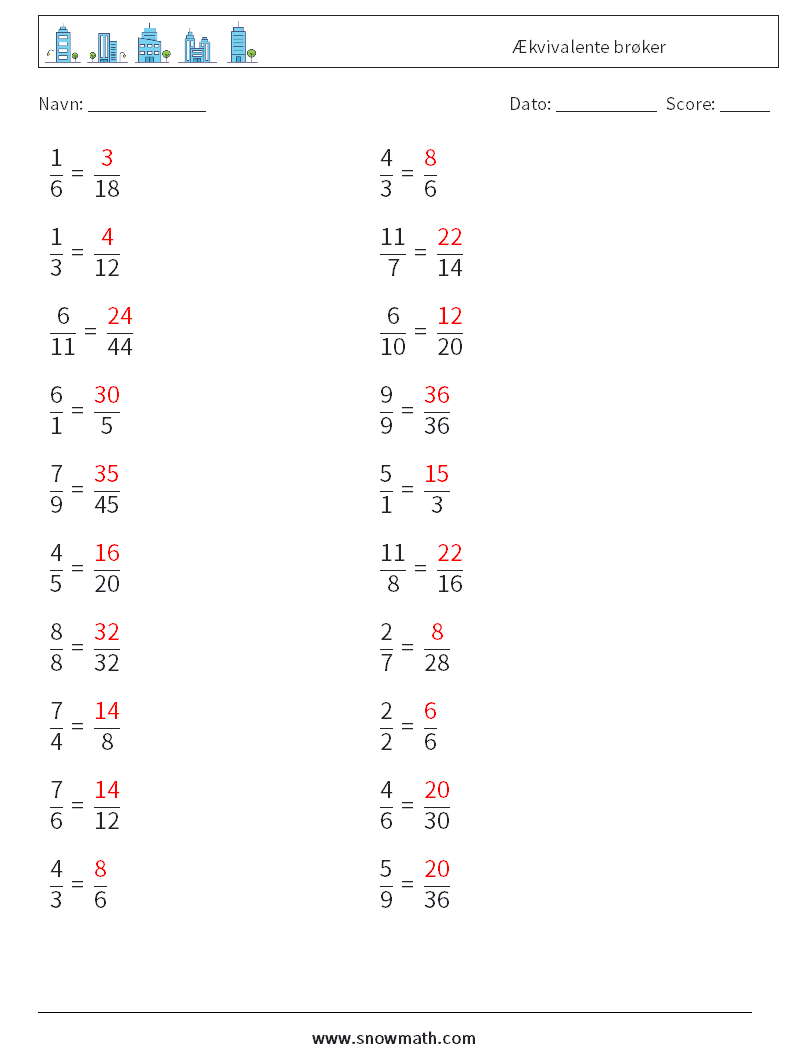 (20) Ækvivalente brøker Matematiske regneark 2 Spørgsmål, svar