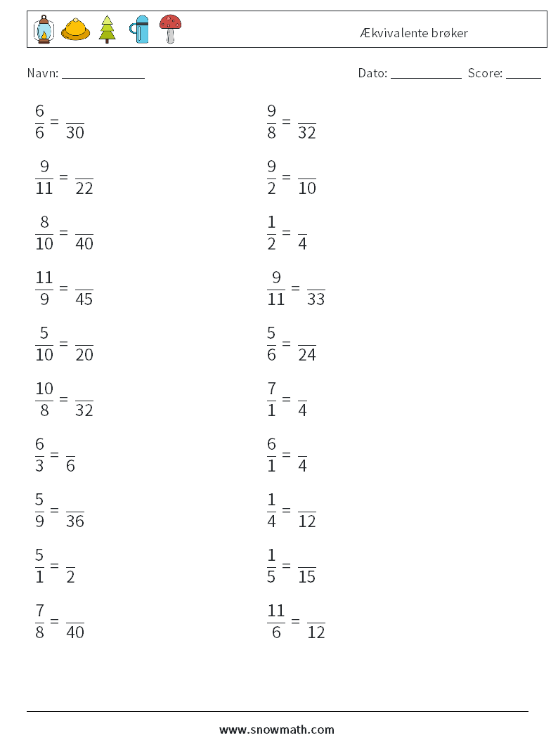 (20) Ækvivalente brøker Matematiske regneark 3