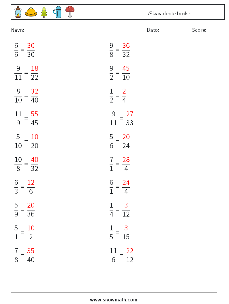(20) Ækvivalente brøker Matematiske regneark 3 Spørgsmål, svar
