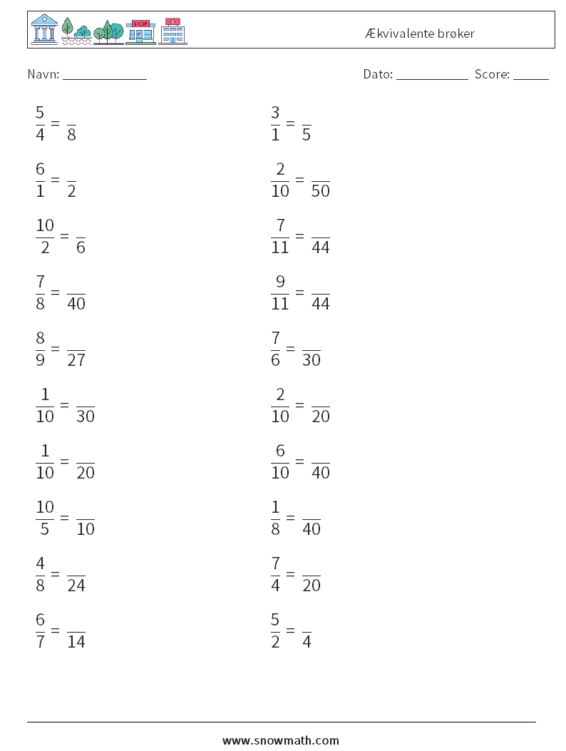(20) Ækvivalente brøker Matematiske regneark 5