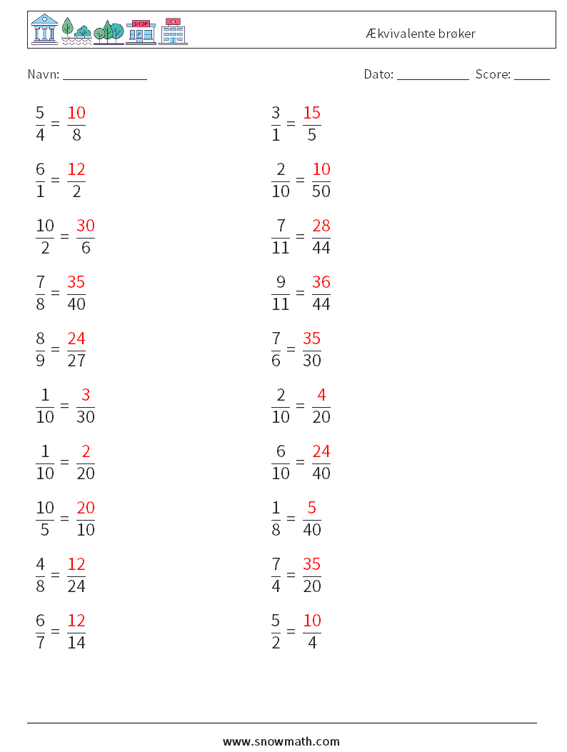 (20) Ækvivalente brøker Matematiske regneark 5 Spørgsmål, svar