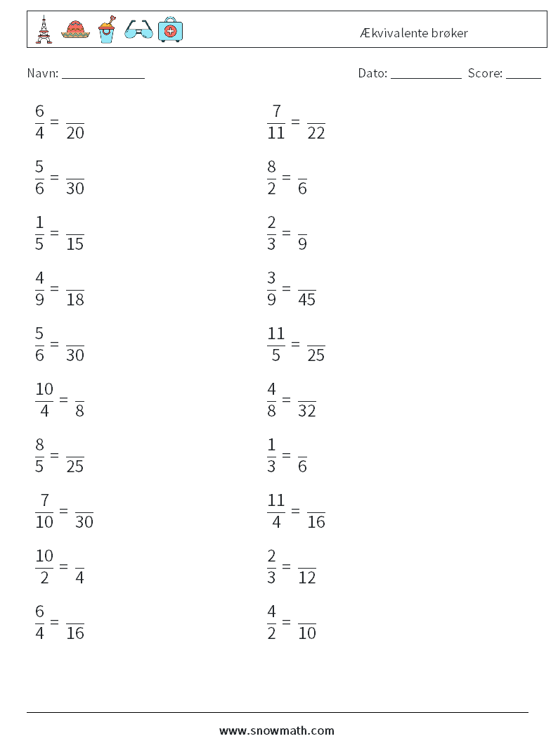(20) Ækvivalente brøker Matematiske regneark 7