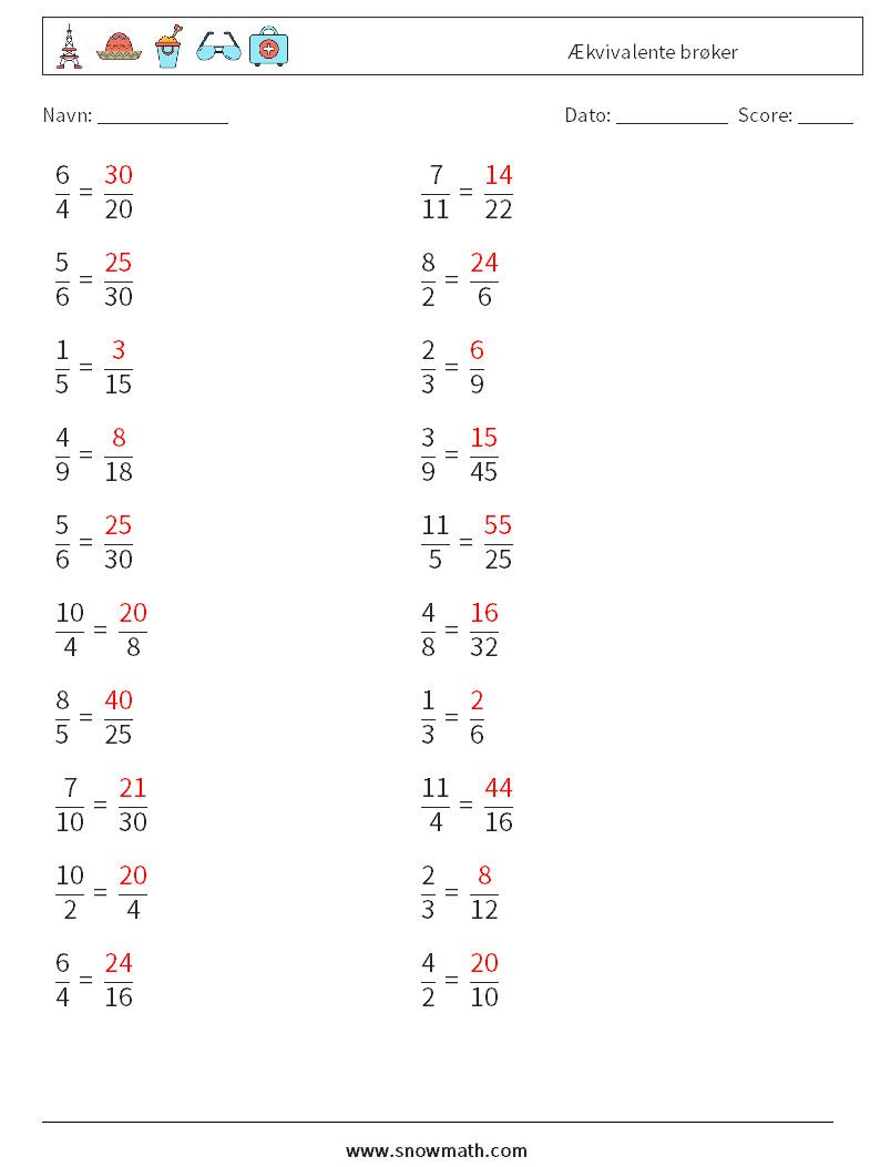 (20) Ækvivalente brøker Matematiske regneark 7 Spørgsmål, svar