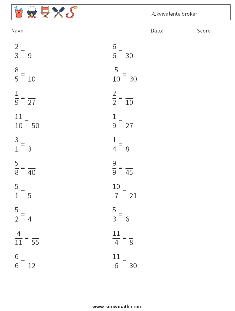(20) Ækvivalente brøker Matematiske regneark 8
