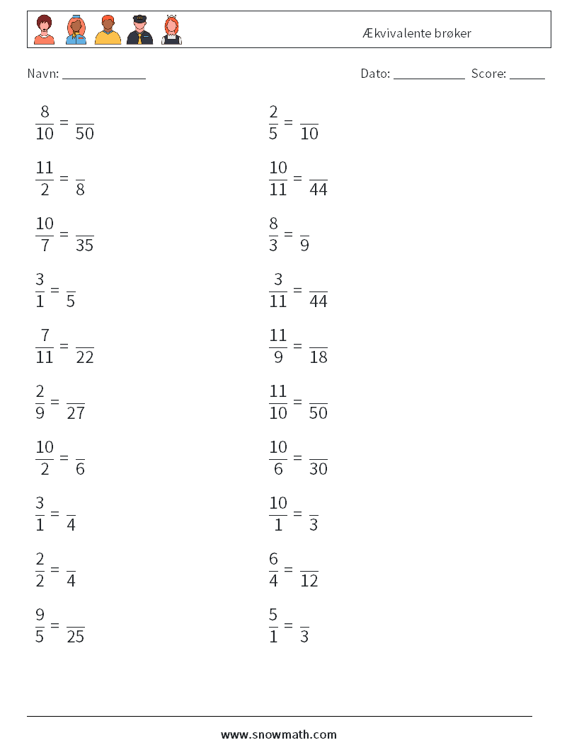 (20) Ækvivalente brøker Matematiske regneark 9
