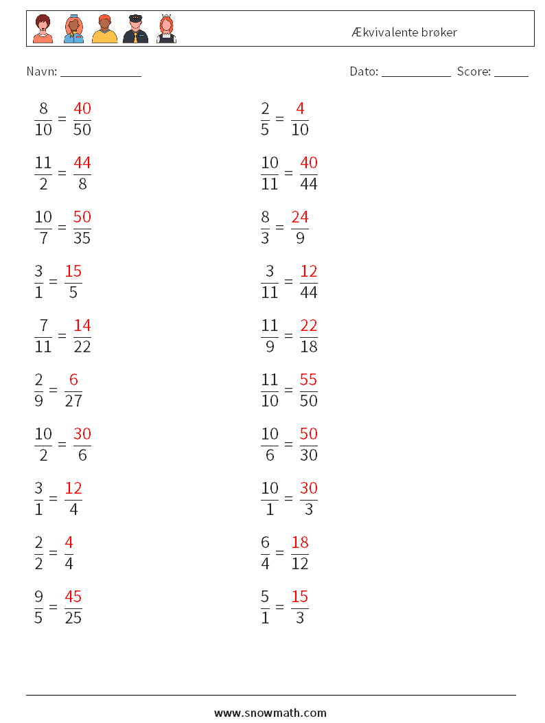 (20) Ækvivalente brøker Matematiske regneark 9 Spørgsmål, svar