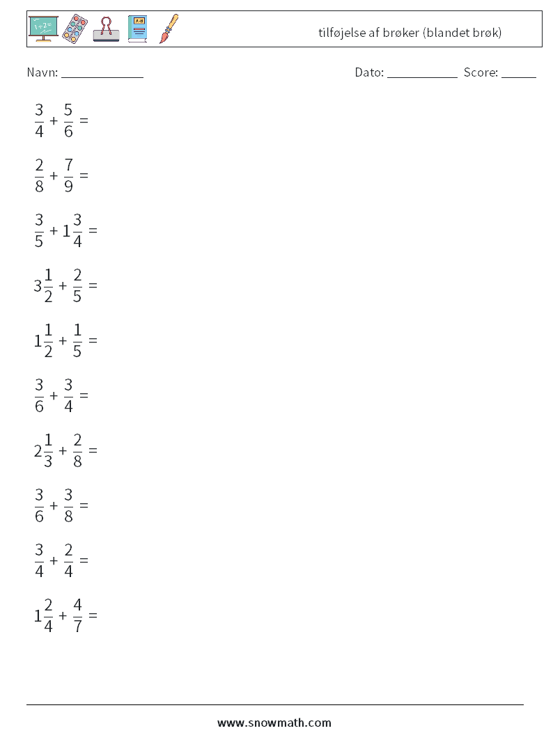 (10) tilføjelse af brøker (blandet brøk) Matematiske regneark 10