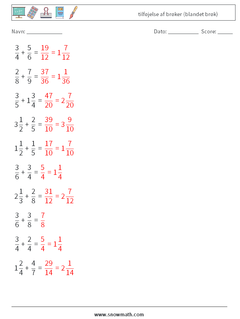 (10) tilføjelse af brøker (blandet brøk) Matematiske regneark 10 Spørgsmål, svar