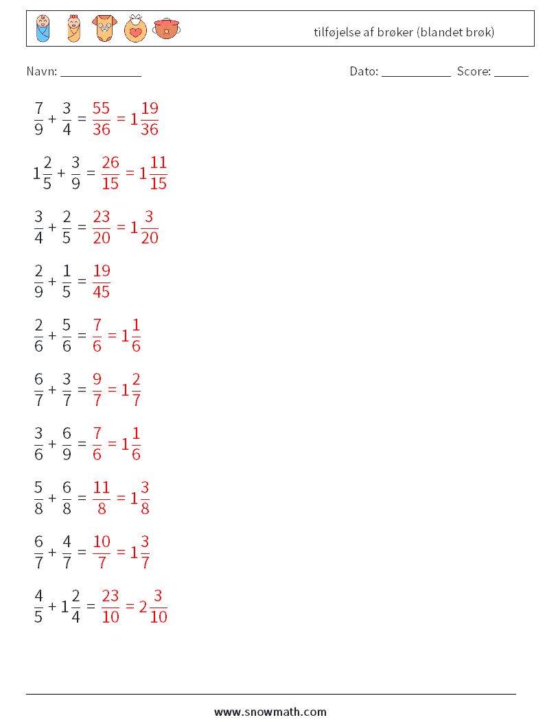 (10) tilføjelse af brøker (blandet brøk) Matematiske regneark 11 Spørgsmål, svar
