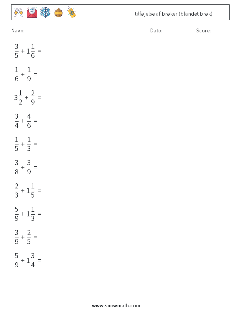 (10) tilføjelse af brøker (blandet brøk) Matematiske regneark 12