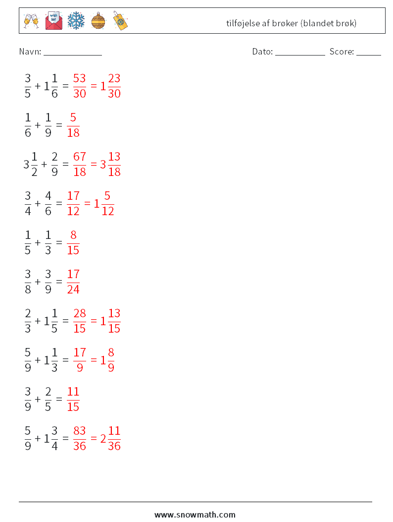 (10) tilføjelse af brøker (blandet brøk) Matematiske regneark 12 Spørgsmål, svar