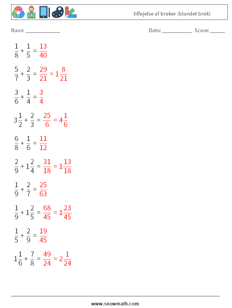 (10) tilføjelse af brøker (blandet brøk) Matematiske regneark 14 Spørgsmål, svar