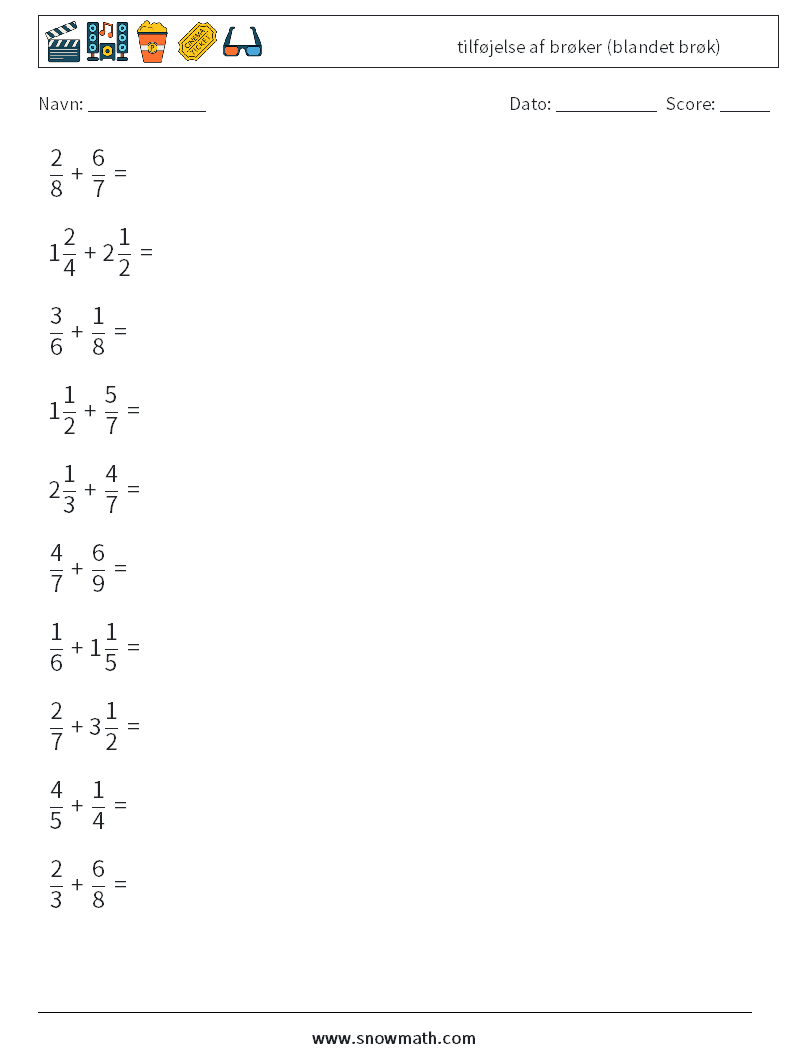 (10) tilføjelse af brøker (blandet brøk) Matematiske regneark 15