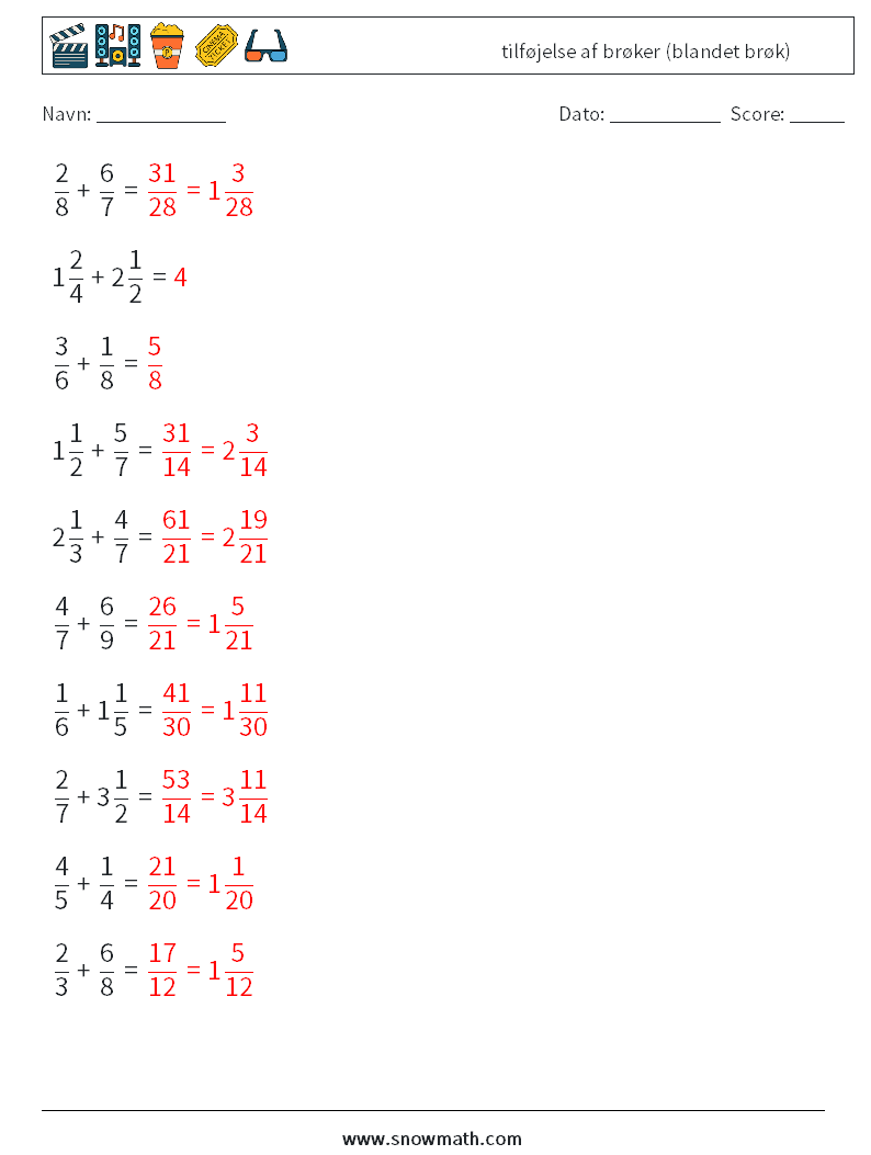 (10) tilføjelse af brøker (blandet brøk) Matematiske regneark 15 Spørgsmål, svar