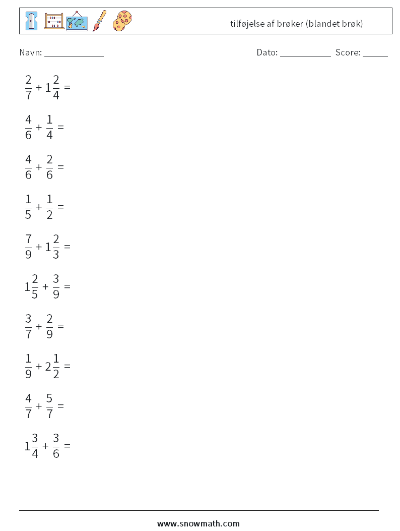 (10) tilføjelse af brøker (blandet brøk) Matematiske regneark 16