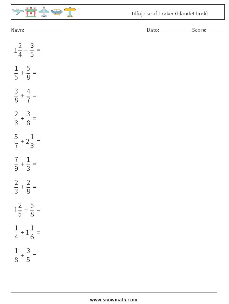 (10) tilføjelse af brøker (blandet brøk) Matematiske regneark 18