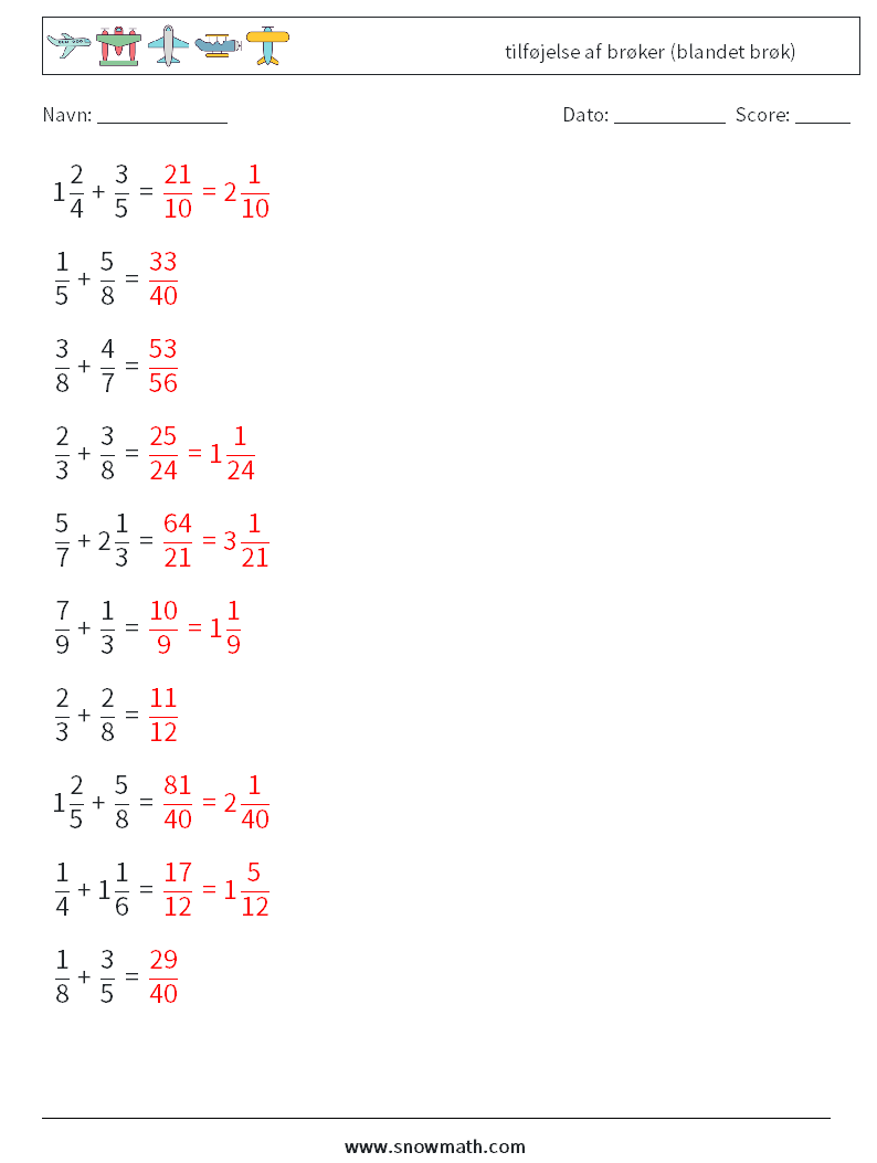 (10) tilføjelse af brøker (blandet brøk) Matematiske regneark 18 Spørgsmål, svar