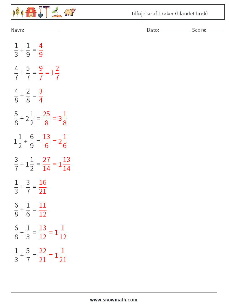 (10) tilføjelse af brøker (blandet brøk) Matematiske regneark 1 Spørgsmål, svar