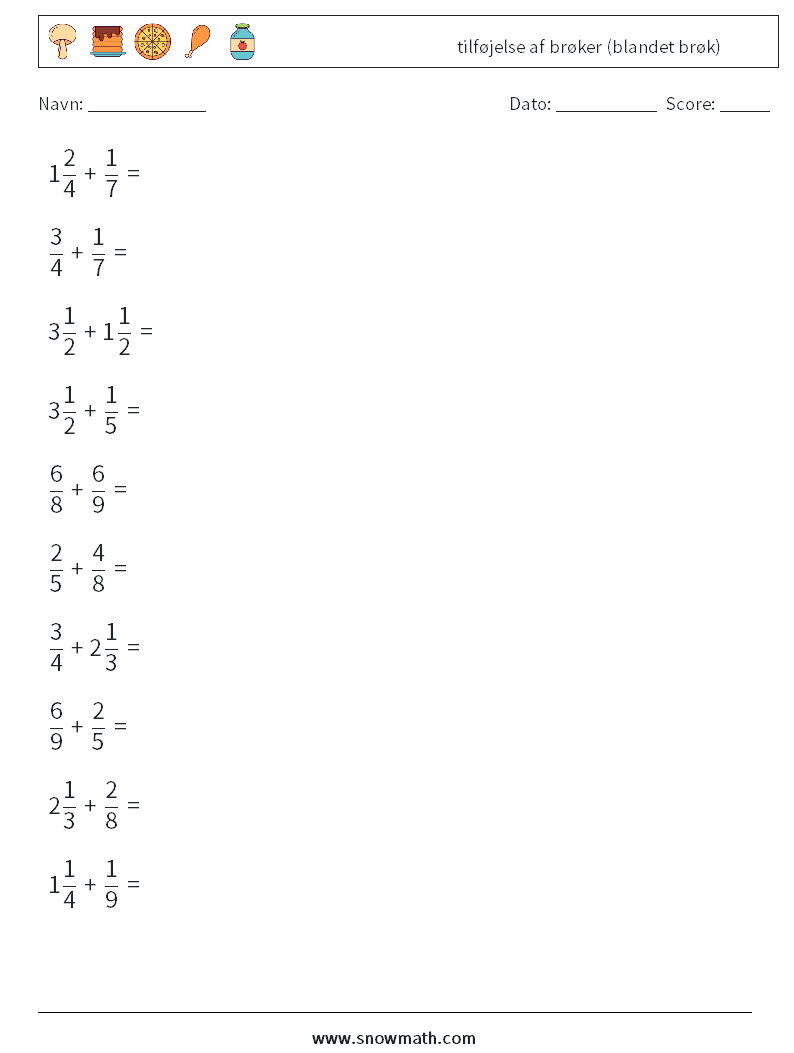 (10) tilføjelse af brøker (blandet brøk) Matematiske regneark 2