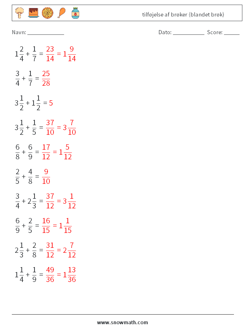 (10) tilføjelse af brøker (blandet brøk) Matematiske regneark 2 Spørgsmål, svar