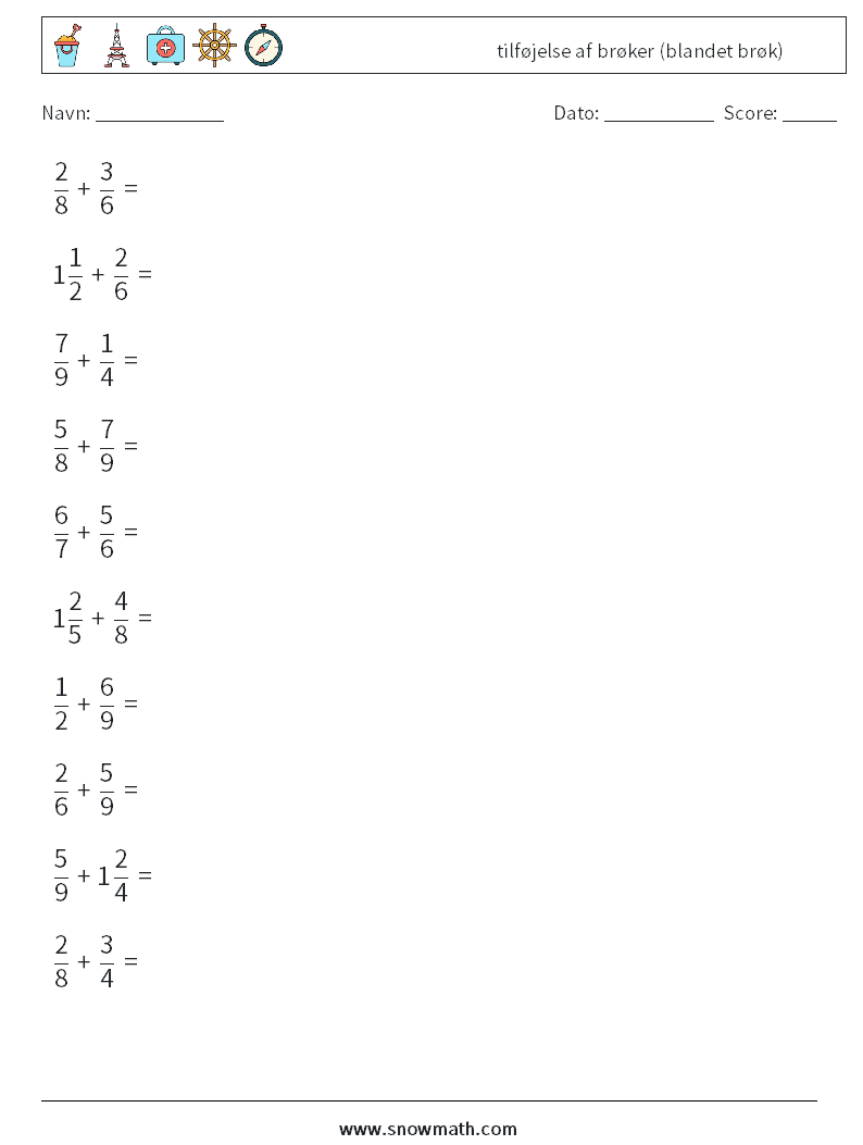 (10) tilføjelse af brøker (blandet brøk) Matematiske regneark 3