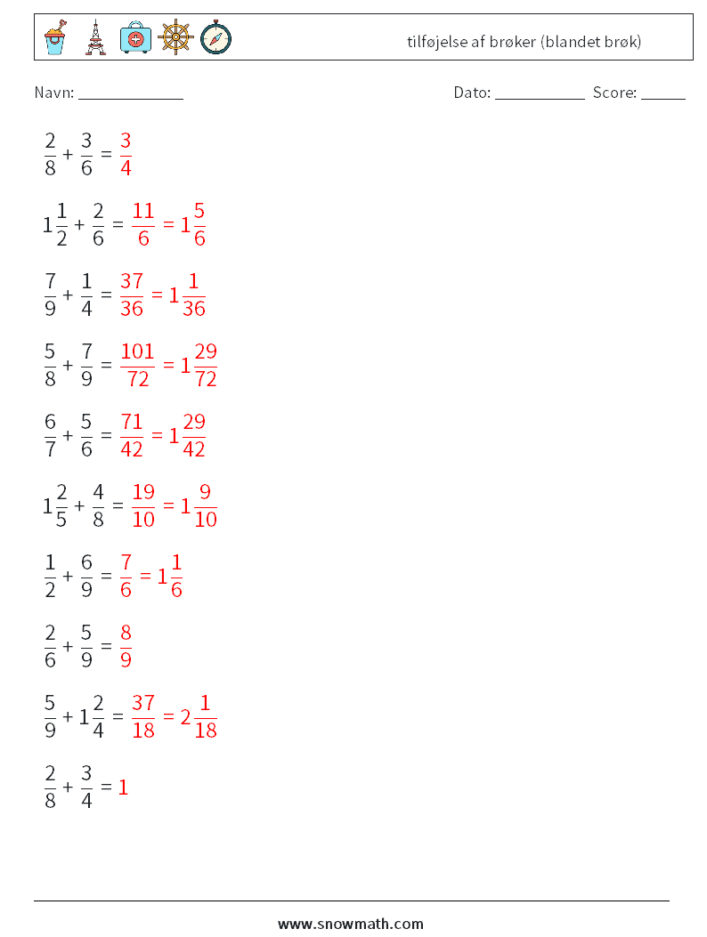 (10) tilføjelse af brøker (blandet brøk) Matematiske regneark 3 Spørgsmål, svar