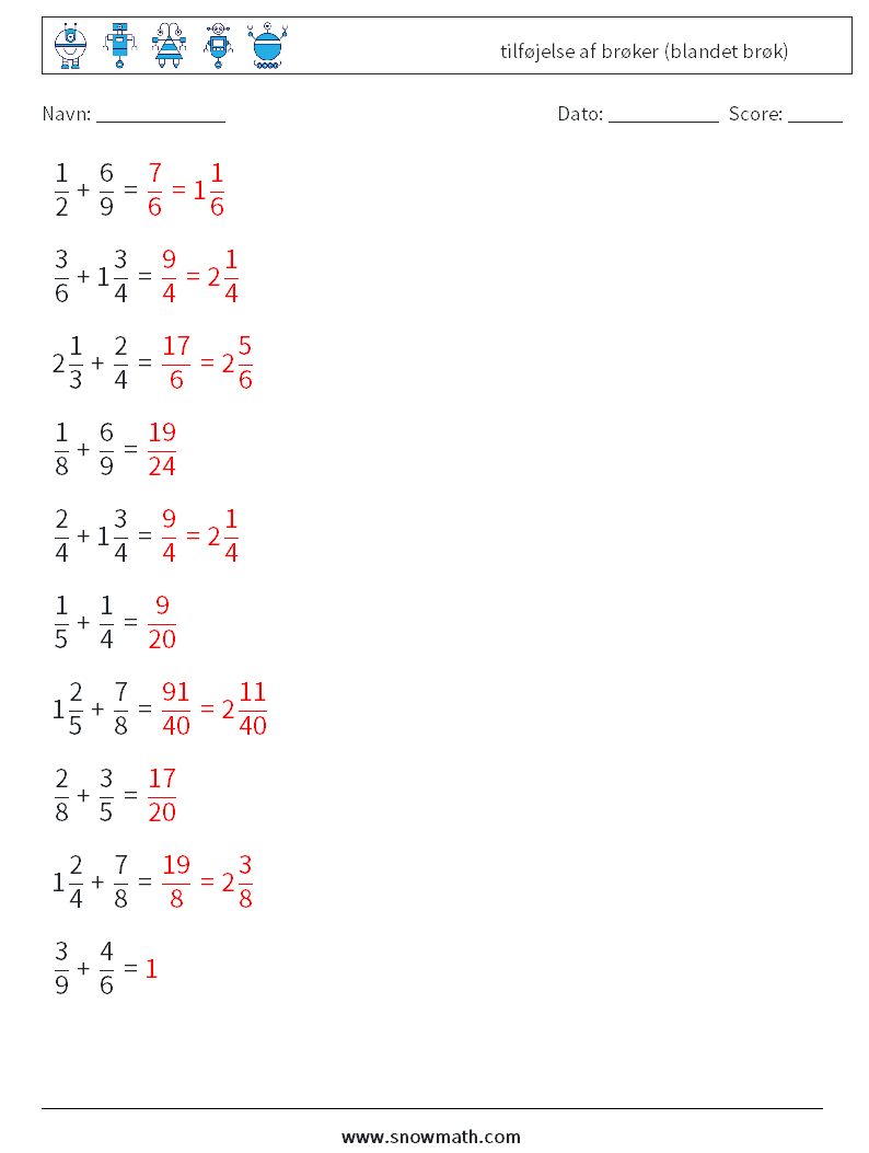 (10) tilføjelse af brøker (blandet brøk) Matematiske regneark 4 Spørgsmål, svar