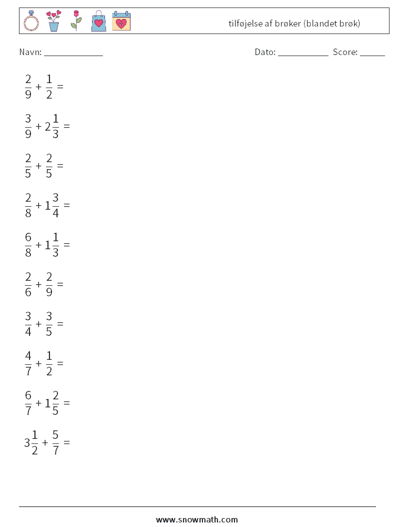 (10) tilføjelse af brøker (blandet brøk) Matematiske regneark 5