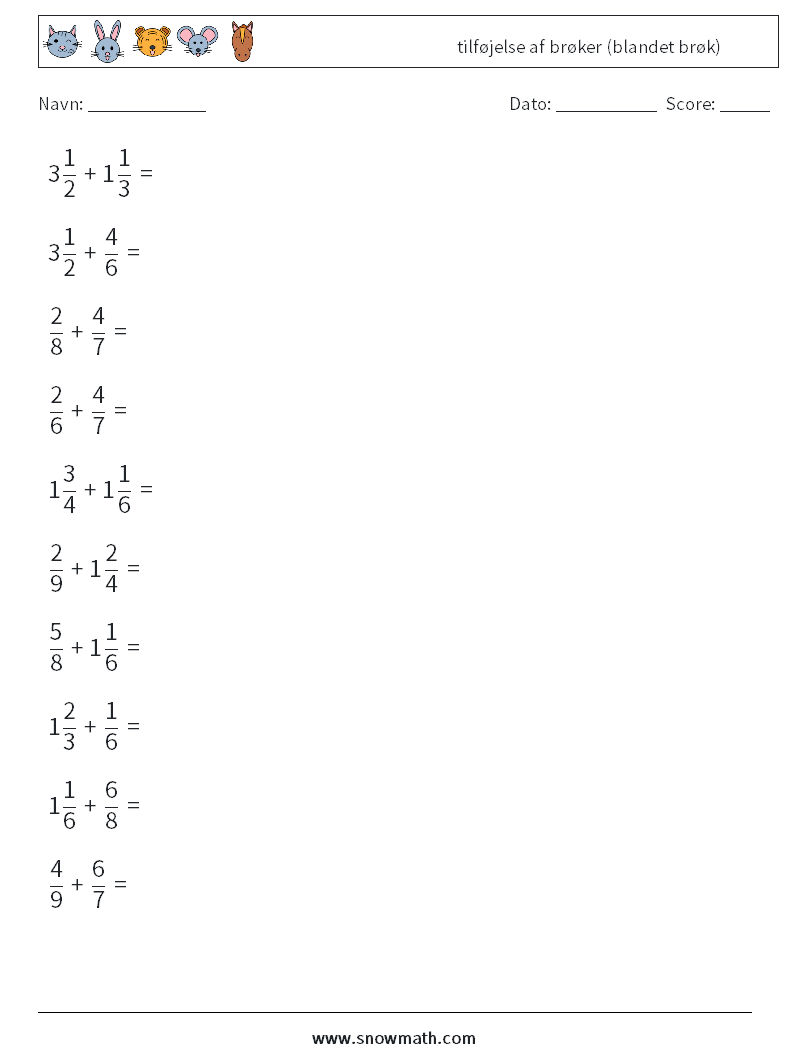 (10) tilføjelse af brøker (blandet brøk) Matematiske regneark 7