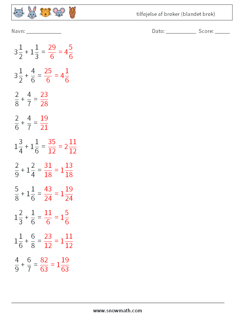 (10) tilføjelse af brøker (blandet brøk) Matematiske regneark 7 Spørgsmål, svar