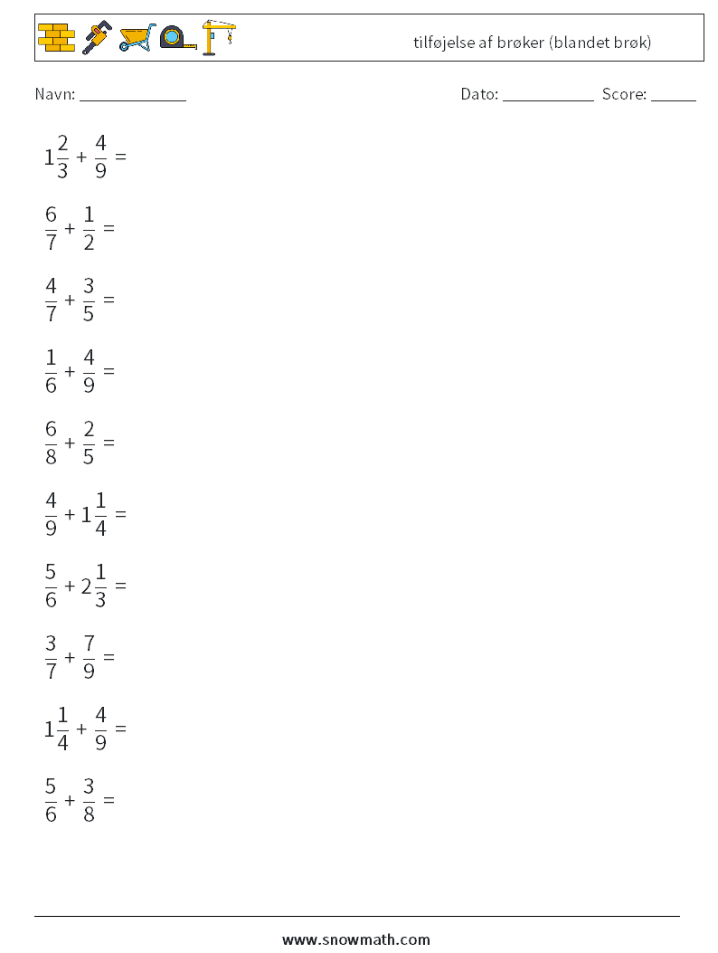 (10) tilføjelse af brøker (blandet brøk) Matematiske regneark 8