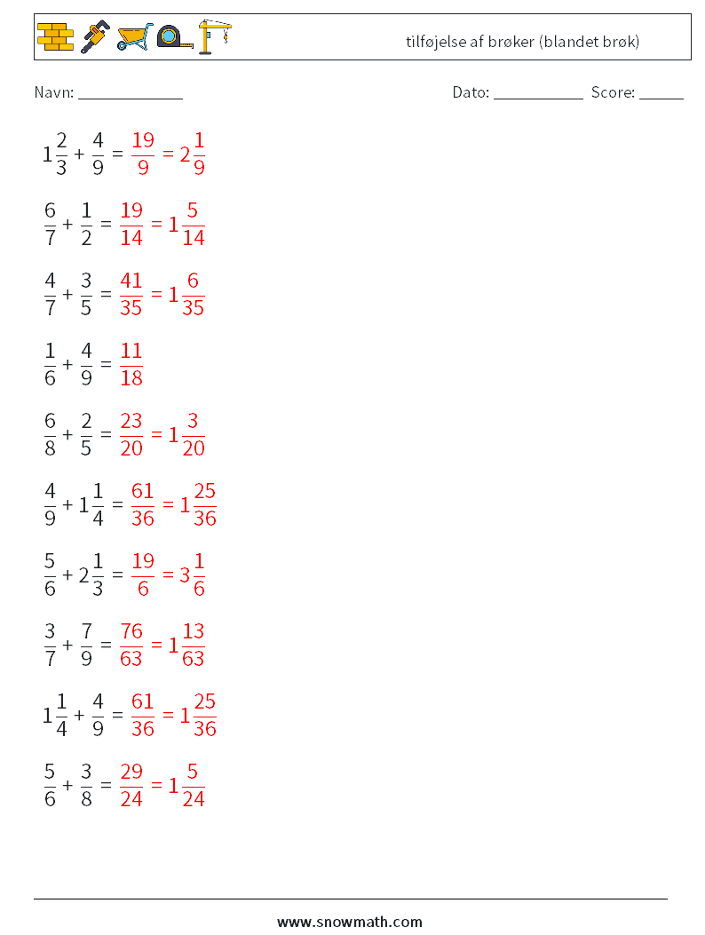 (10) tilføjelse af brøker (blandet brøk) Matematiske regneark 8 Spørgsmål, svar